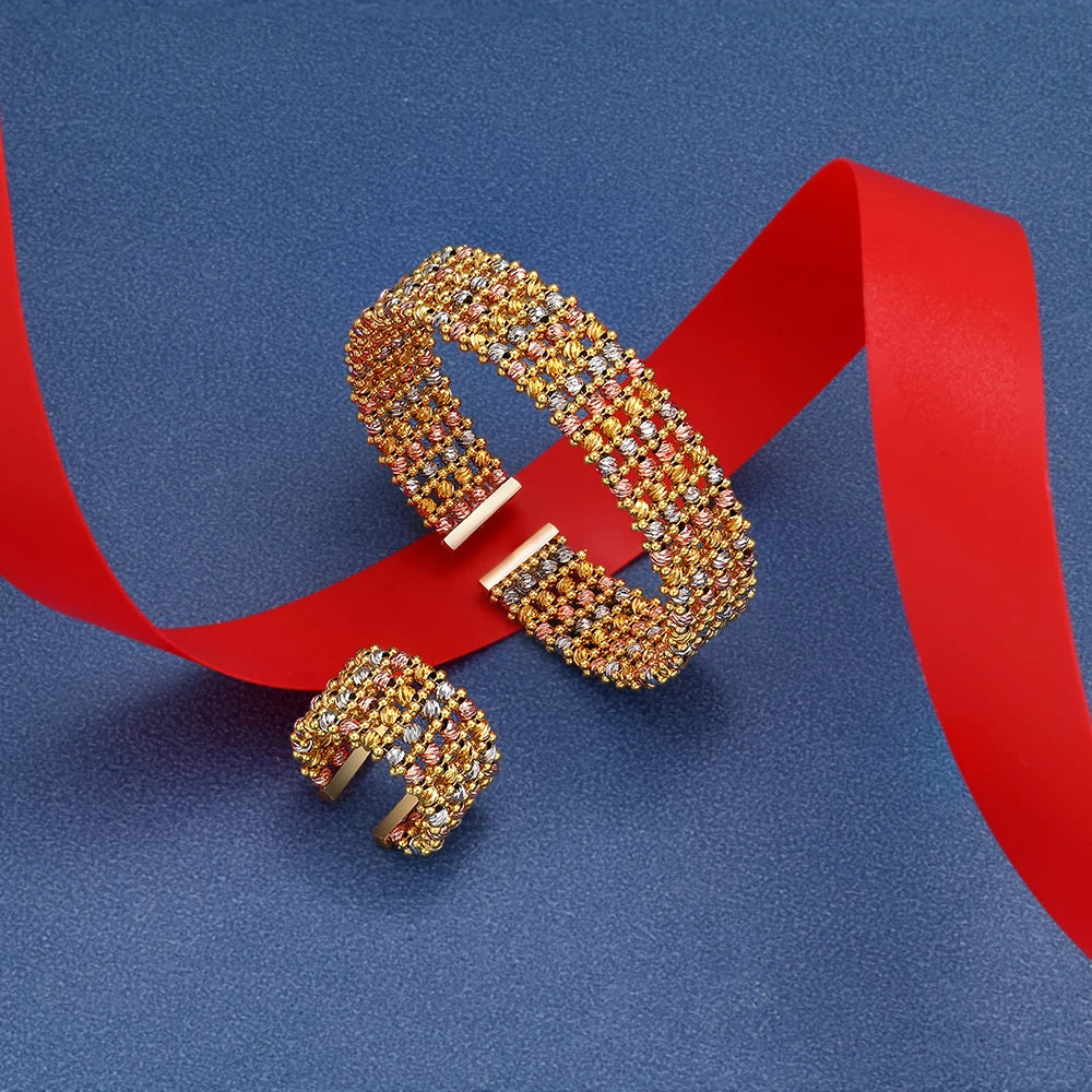 Luxury Cuff Bangles and Ring Set Gold Color Beads Arabic Dubai Wedding Bridal Jewelry Set Women Party 2 pcs Hand Jewelry