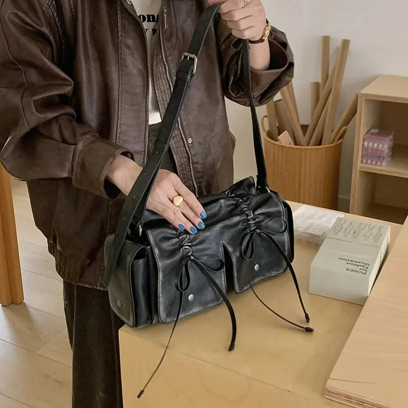 Luxury Designer Handbags And Purses Moto & Bike Drawstring Bow Bags For Women 2024 New In Vintage Pleated Shoulder Crossbody