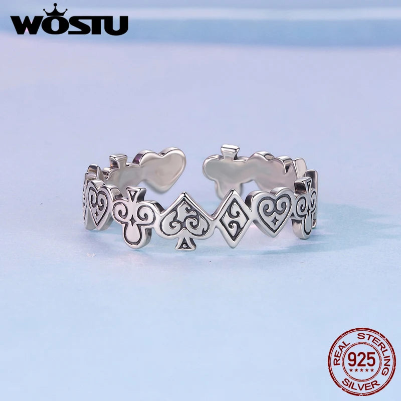 WOSTU Vintage 925 Sterling Silver Poker Card Open Ring For Women, Antique  Adjustable Stacking Party Rings Fine Gift