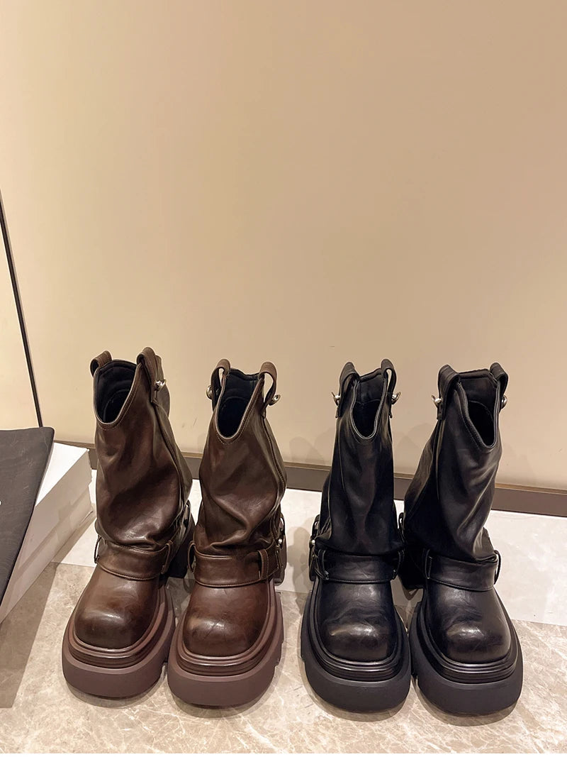 Designer Vintage Women Ankle Boots Fashion Slip On Knight Short Booties Ladies Casaul Platform Heels Botas Mujer