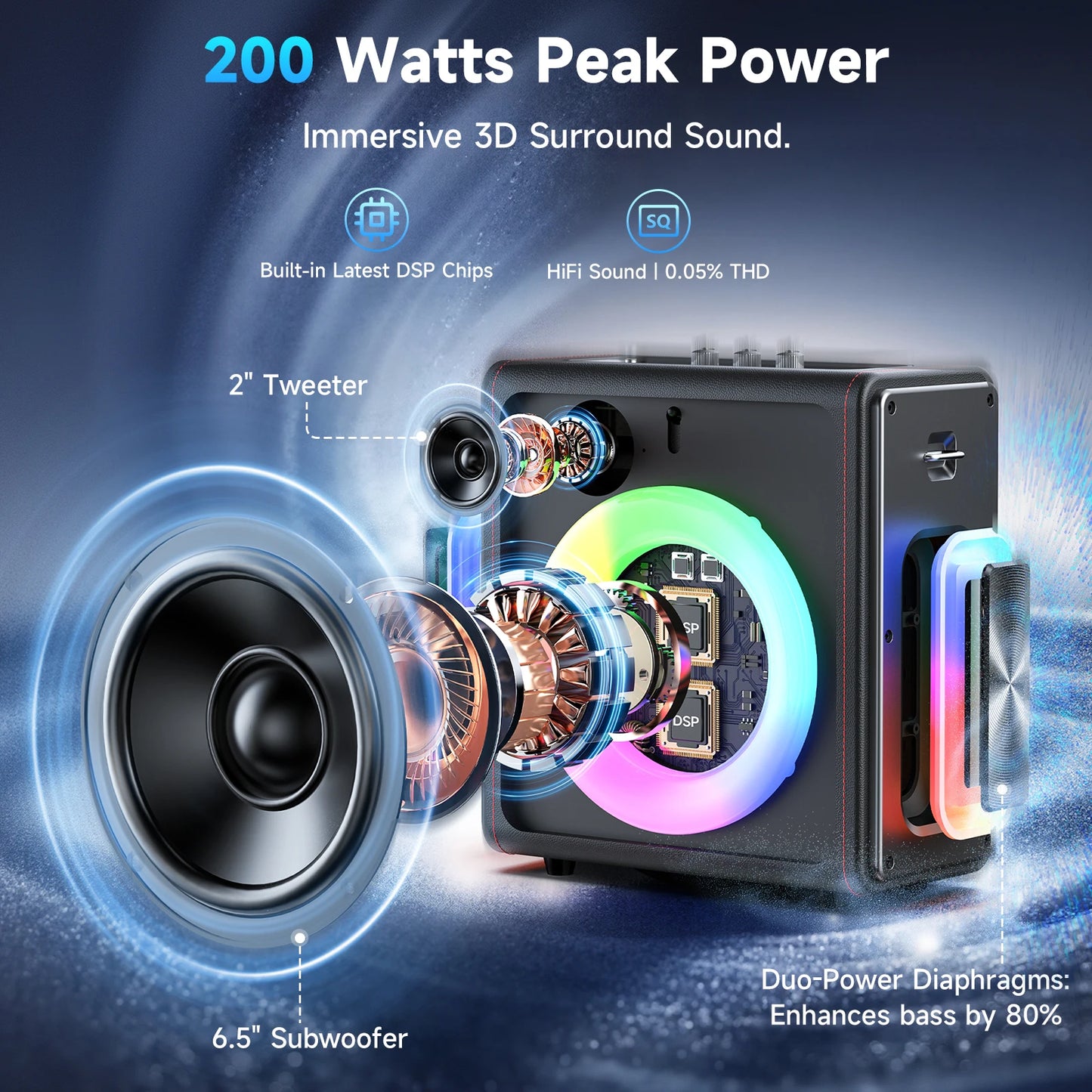 Karaoke Machine, Portable Bluetooth 5.3 Speaker with 2 Wireless Microphones for Adults, Supports TWS/TF Card/USB/AUX/Live