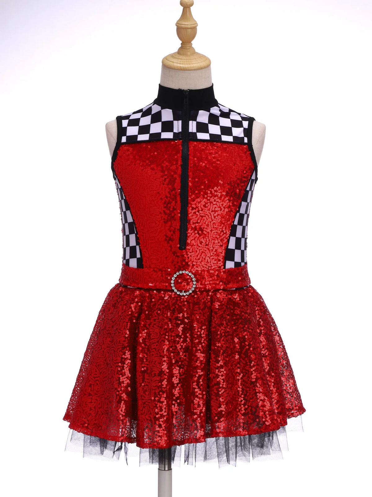 Kids Girls Checkerboard Racer Costume Halloween Car Driver Cosplay Leotard Dress with Tulle Skirt Themed Party Driving Roleplay