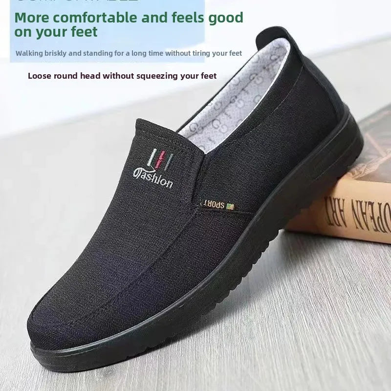 Beijing Men's Canvas Slip-On Shoes Soft Bottom Anti-Slip Breathable Casual Shoes round Toe Cotton Lined Plastic Outsole