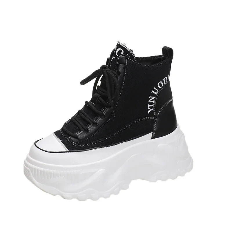 Women Sneakers High Top Platform Breathable Leather Shoes 2023 Autumn Ladies Wedges Casual Shoes For Woman Sports Dad Shoes 8CM