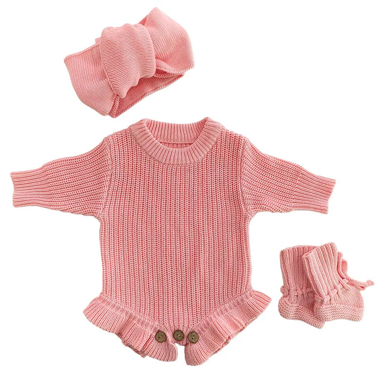 Autumn Baby Knitted Romper Headband Hat Socks Set 3Pcs Solid Color Newborn Outfit Cotton Warm Infant Shower Clothing Gifts