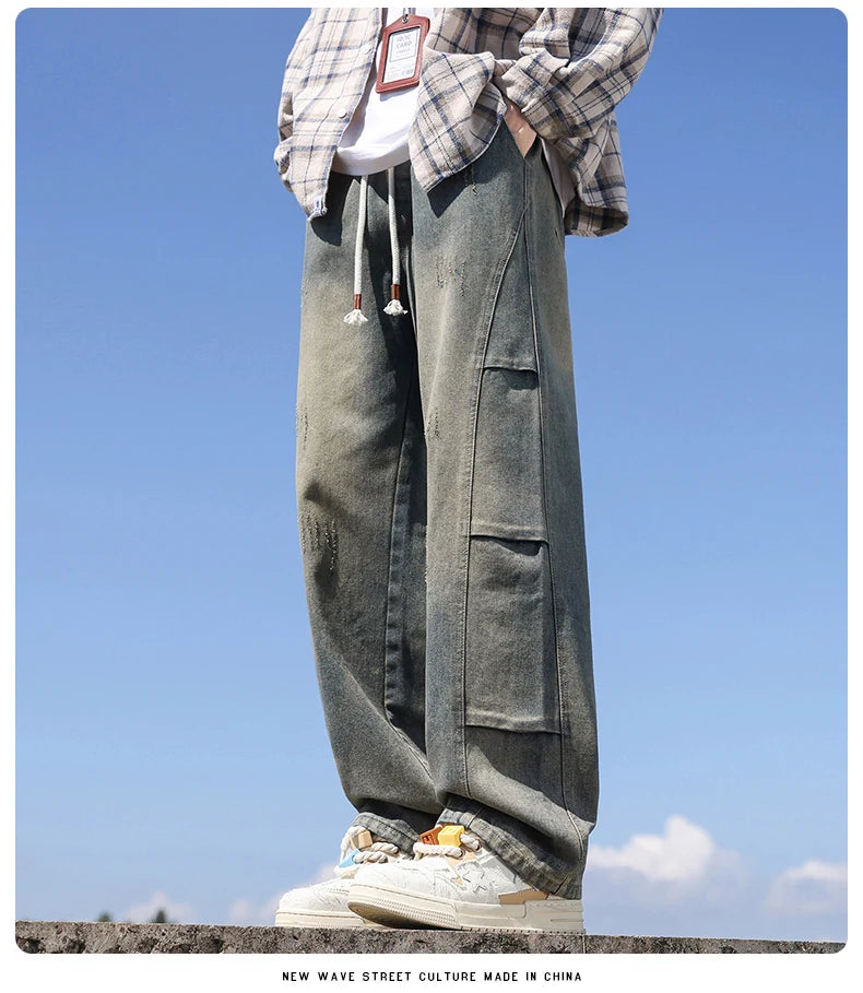 Jeans men's American high street vintage washed crease splicing men's spring and fall models loose straight pants