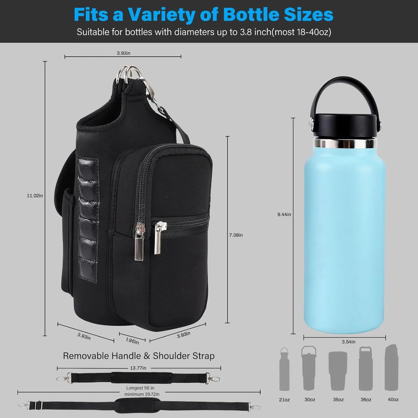 Magnetic Gym Bag Water Bottle Carrier Holder with Phone Pockets & Shoulder Strap,5 Built-in Magnets Gym Bottle Pouch Sleeve
