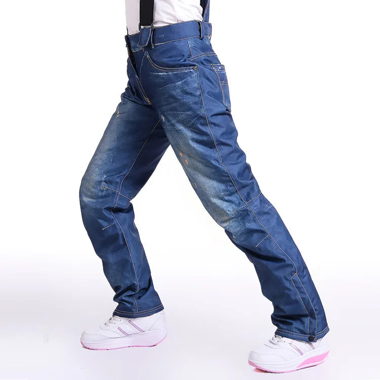 style denim ski pants suspenders denim ski pants men's skating snowboard waterproof, windproof and warm ski pants