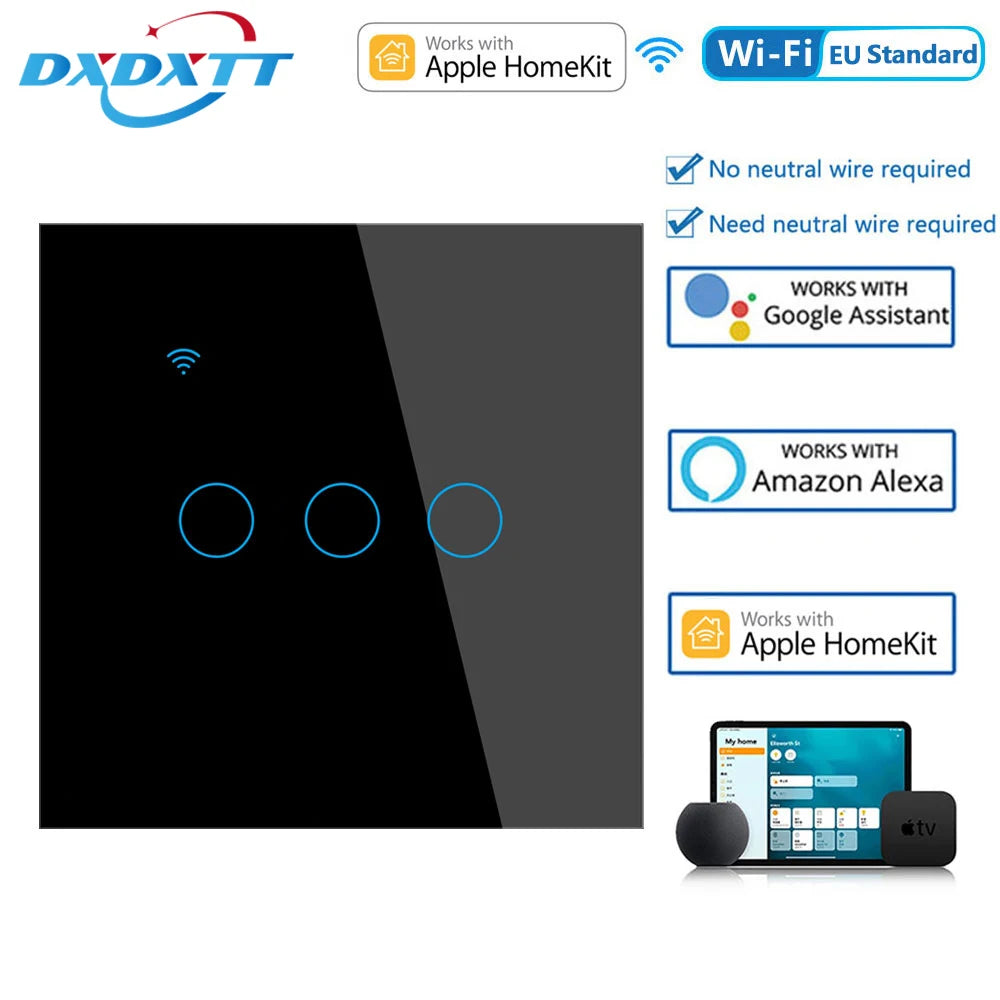 Apple Homekit Smart Switch No Neutral EU/US WIFI Touch Sensor Light Switch Smart Google Home Alexa Siri Voice Control 220V 110V