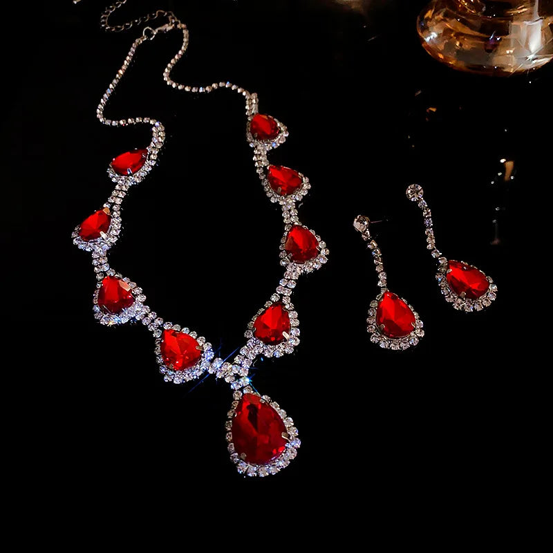 Large Water Drop Flower Necklace Earrings Set Shining Full Rhinestone Necklace For Women Bridal Wedding Party Jewelry Sets