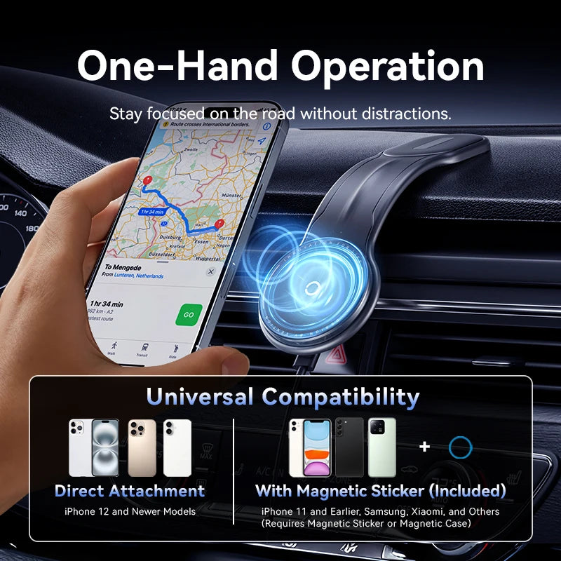 Vention Magnetic Car Phone Holder Mount Adhesive Style Adjustable Dashboard Magsafe For iPhone 12-17 15W Wireless Fast Charging