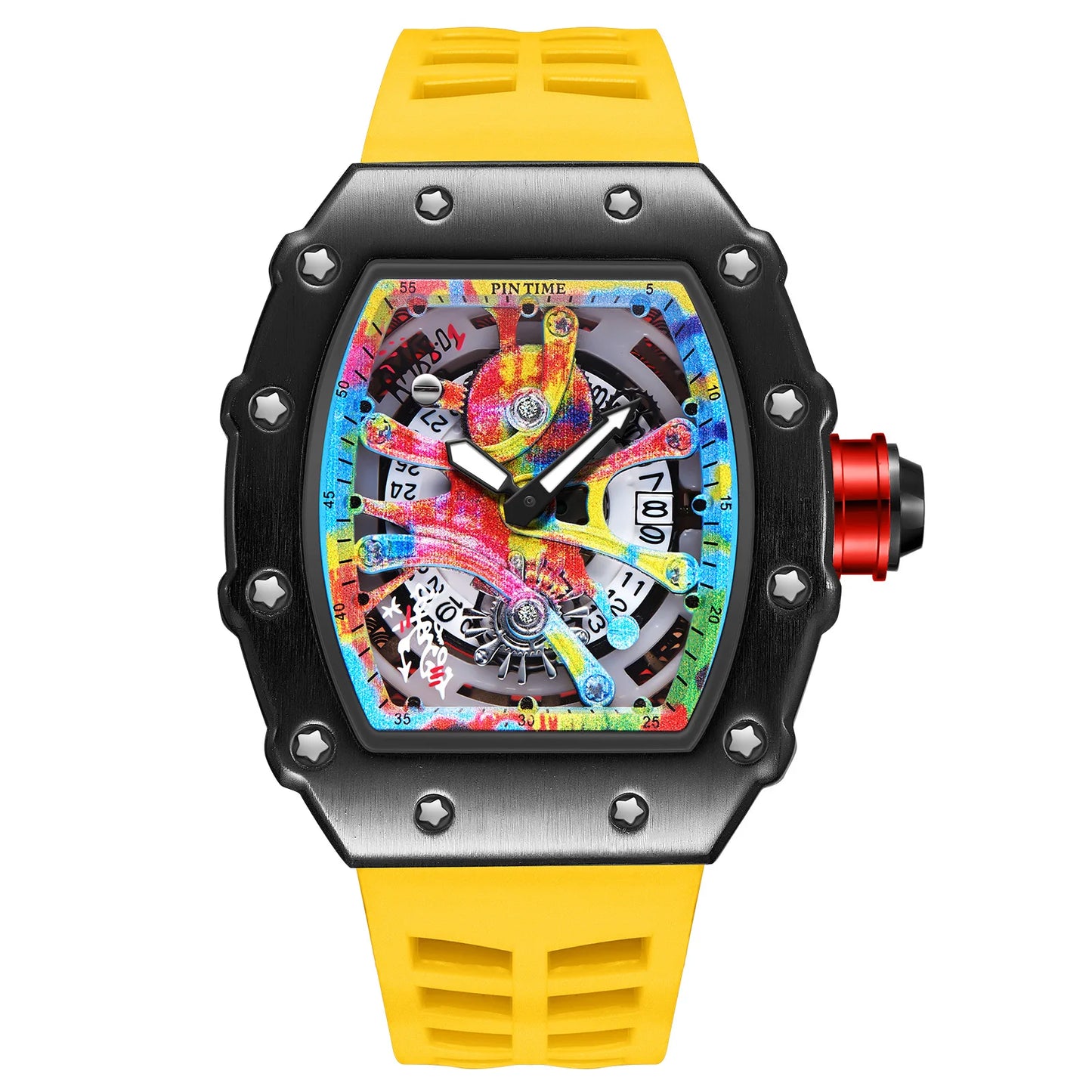 High-end Colored Hip Hop Dial  PINTIME Watch for Men Silicone Strap Stainless Steel Case Fashion Waterproof Quartz Wristwatch