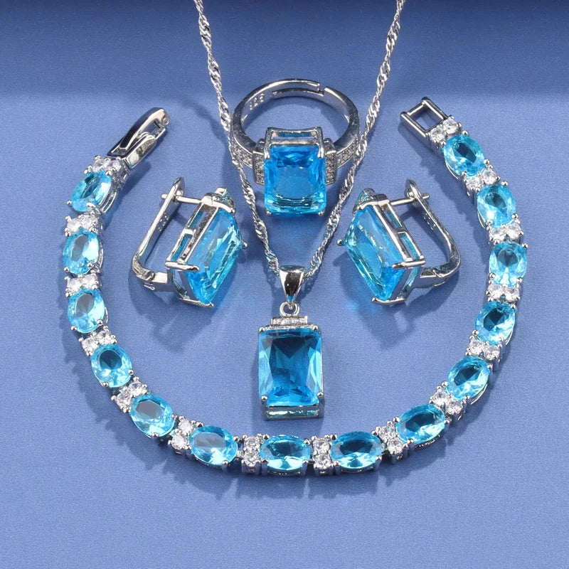 Rectangle 925 Silver Jewelry Accessory Fashion Vintage Original Set Of Earrings Women's Ring  Hand Bracelets Necklace Pendant