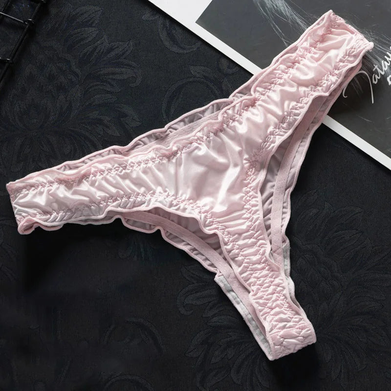 New Women's Underwear Thong Thin Seamless Panties Low Waist Ice Silk Ruffle Satin Elastic Brief Female Breathable Underpants