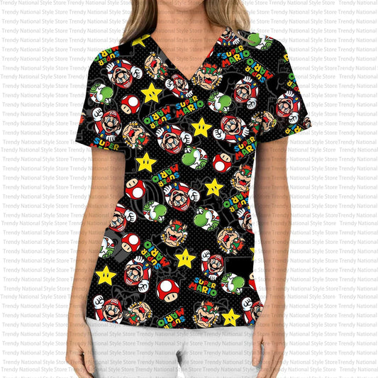 Women's Nursing Hair T-shirt, Nurse Uniform, Professional Medical Cartoon Print, Women's Nursing Wear, Work Veterinarian Top