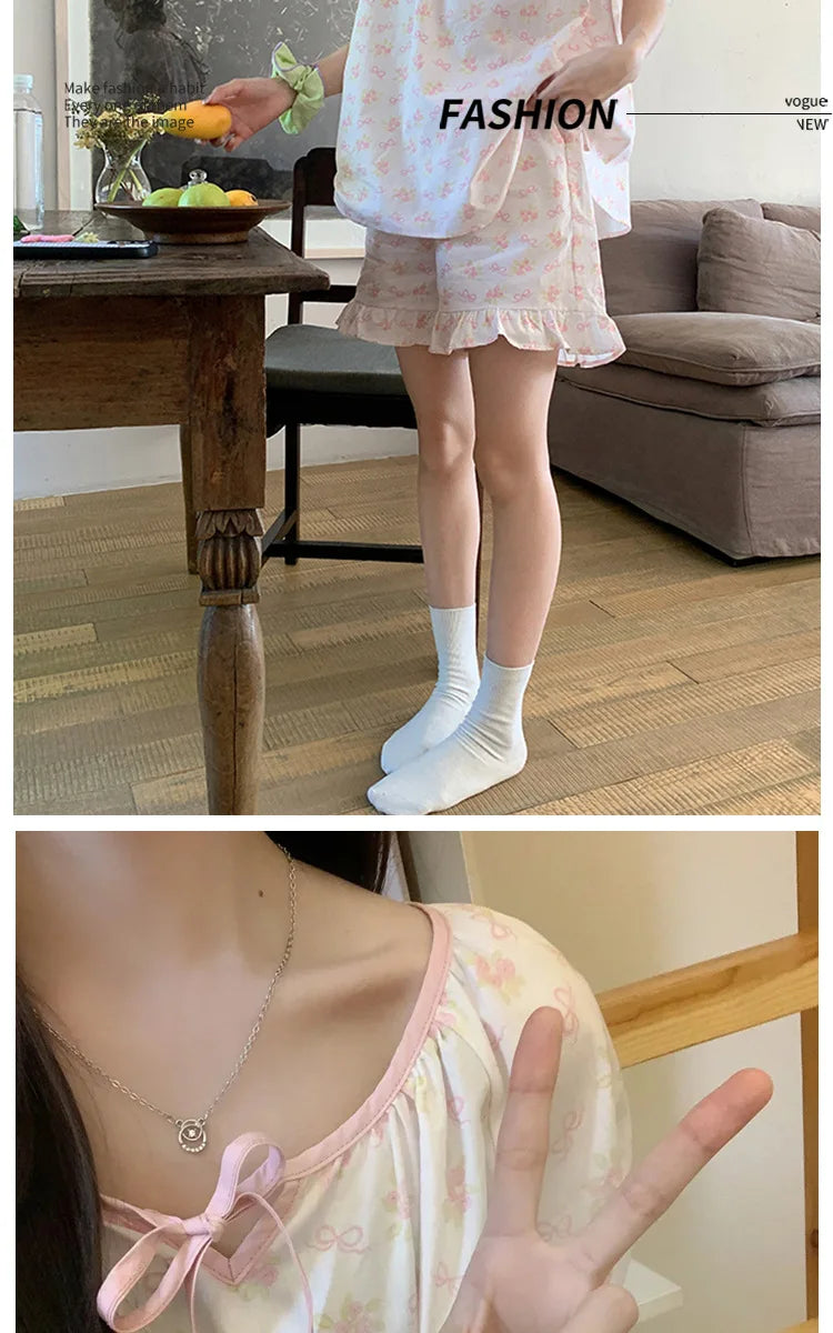 Women Homewear Two-Piece Set Printed Flowers Pink Cherry Tops Shorts Ladies Pajamas Loungewear Cute Sleepwear Fancy Underwear