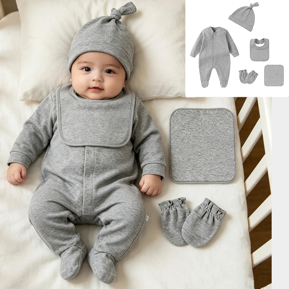 100% Cotton Newborn Baby Sets Hospital Baby Girl Clothes Set Pink Long Sleeve Footed Romper+Hat+Drool Bib+Glove Outfits Gift Box