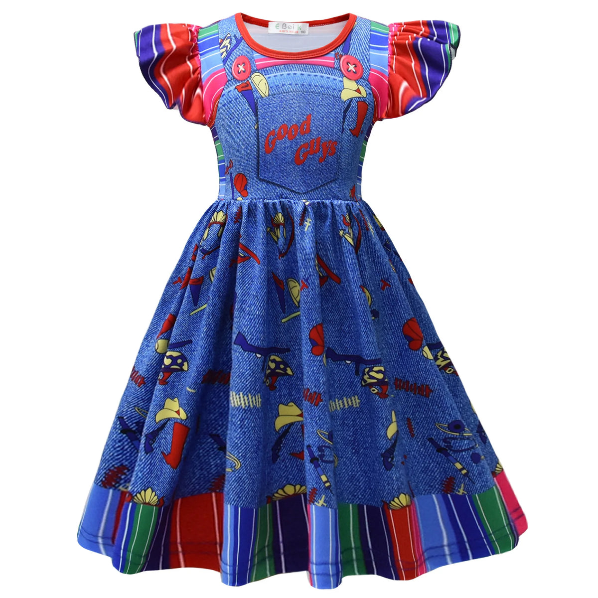 Horror Killer Movie Ghost Doll Disguise Costume Girls Printed Dress+Sticker Headwear For Children Halloween Party Outfit Sets