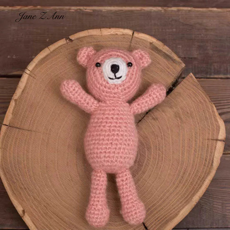 Cute pink baby bear crochet set handmade hat plush toy suspender pants for infant 3-6 moth photography