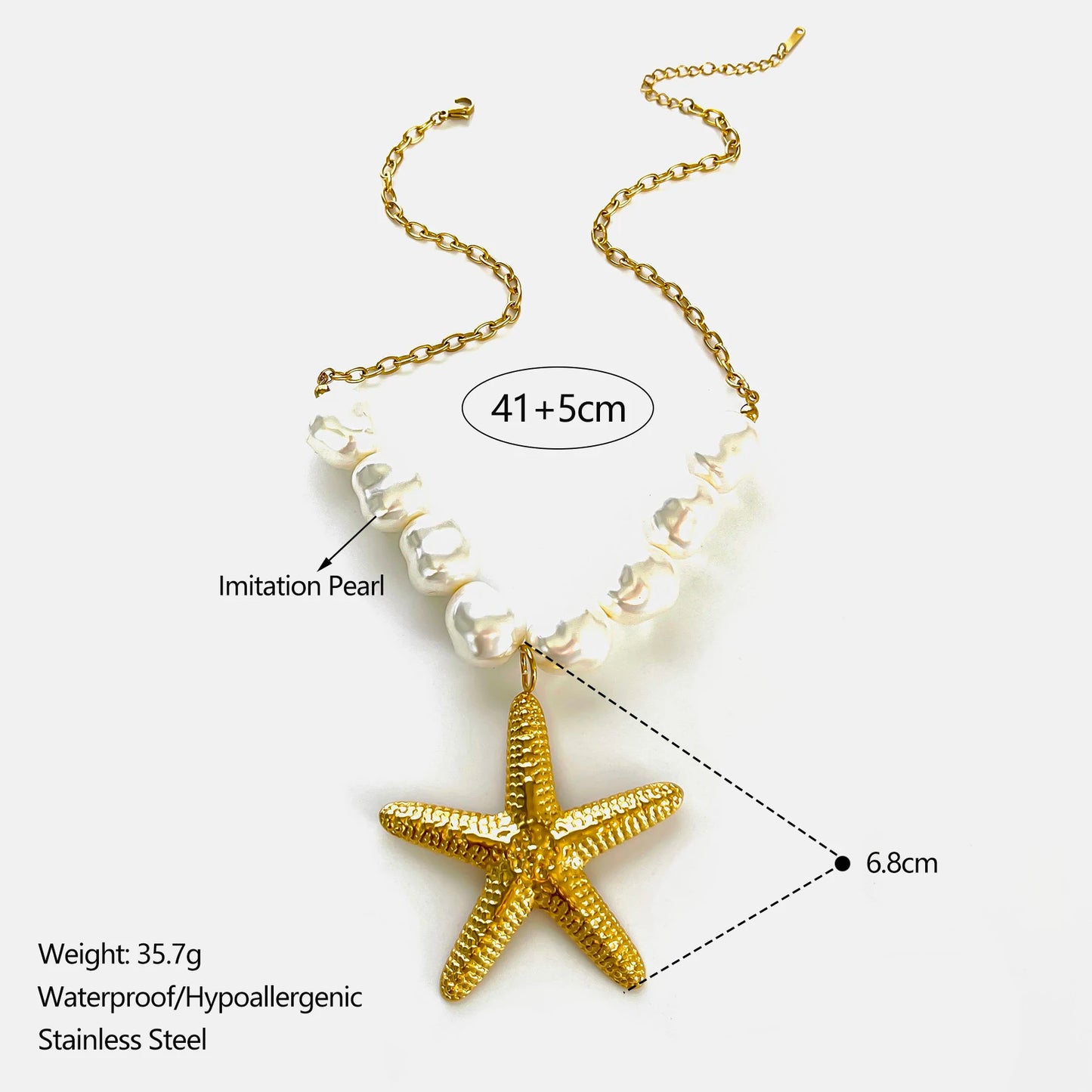 GHIDBK Exaggerated Punk Big Starfish Irregular Round Pendant Necklaces for Women Imitation Baroque Pearl Collarbone Chain Summer