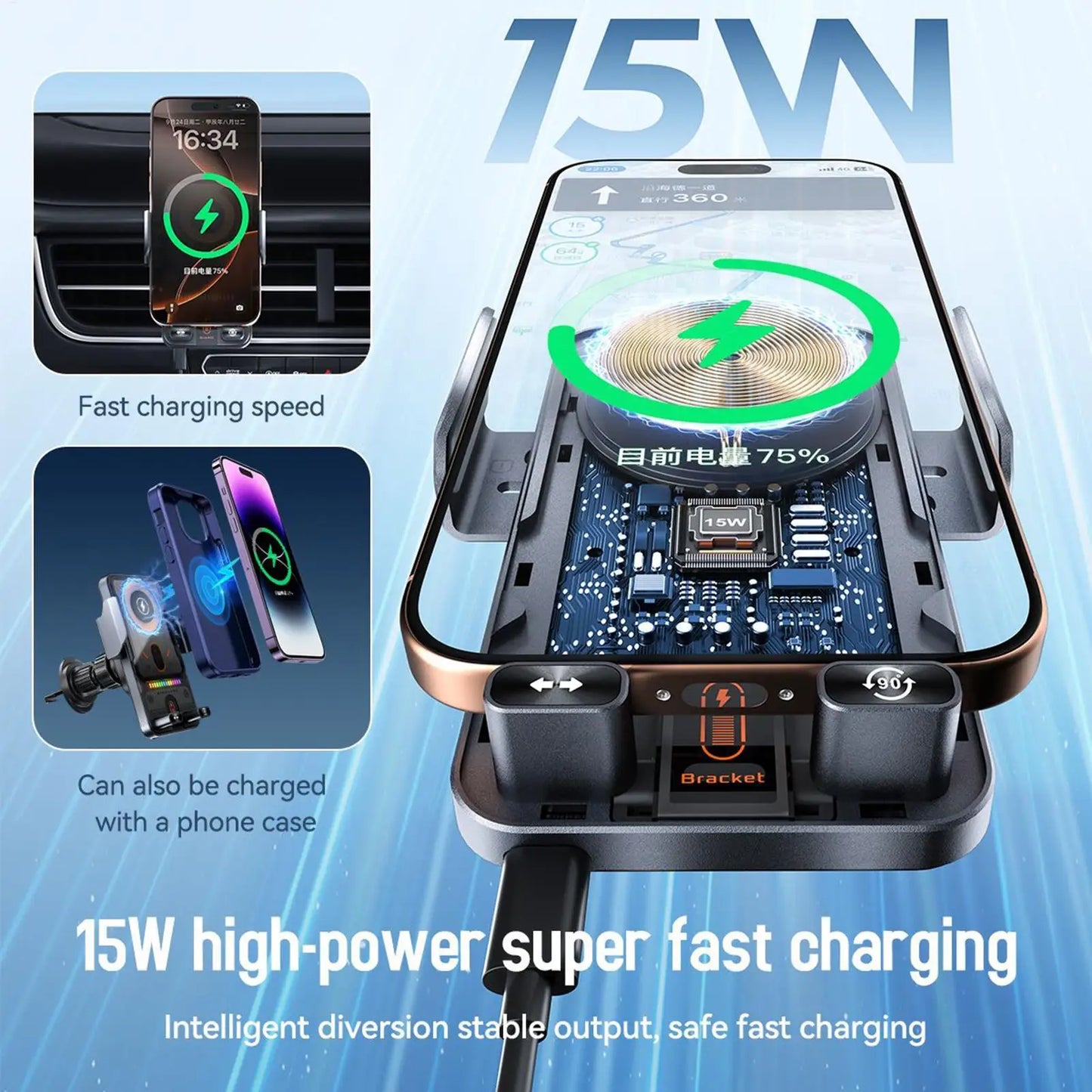 Wireless Charger for Car 15W Fast Charging Air Vent Cradles Auto Clamping Phone Holders for Music Control Video Streaming Daily