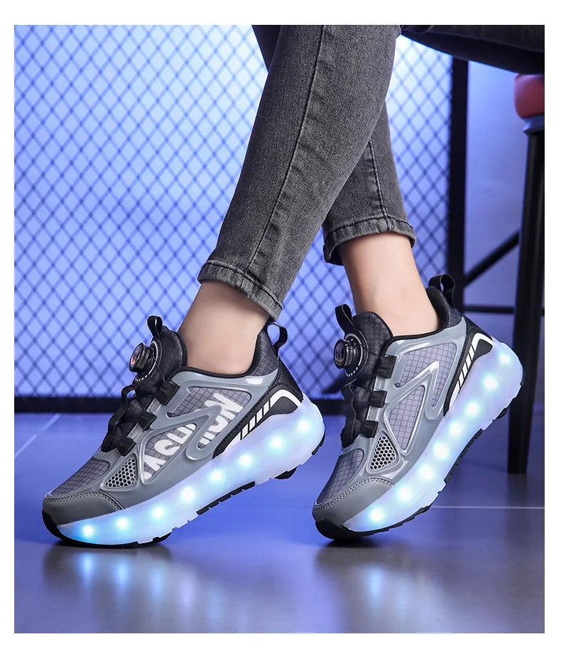Children's Roller Skate Shoes 4-Wheels Removable Wheeled Rolling Shoes for Kids with LED Light Inline Skate Sneaker