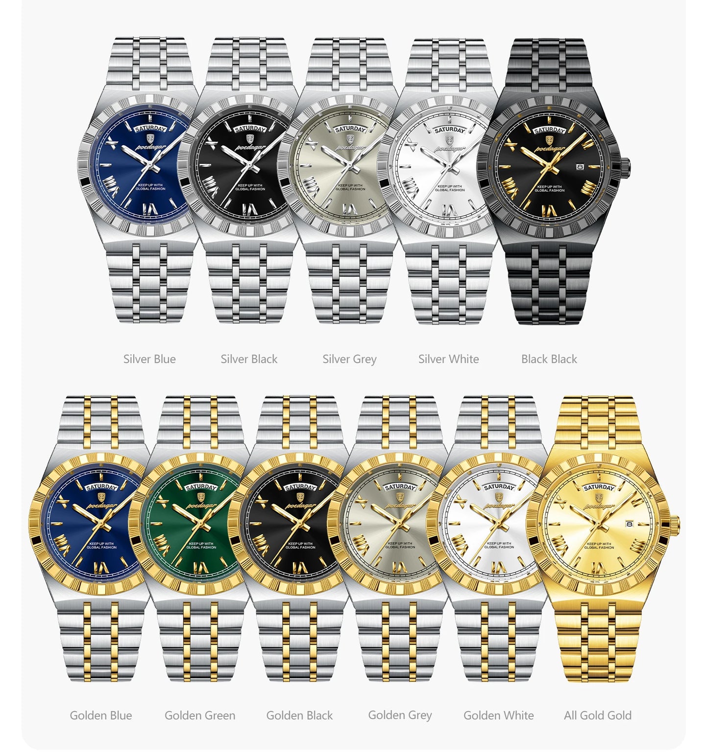 POEDAGAR Original Male Watch Luminous Waterproof Week Date Men Wristwatch Stainless Steel Business Quartz Men's Watches Gift+Box