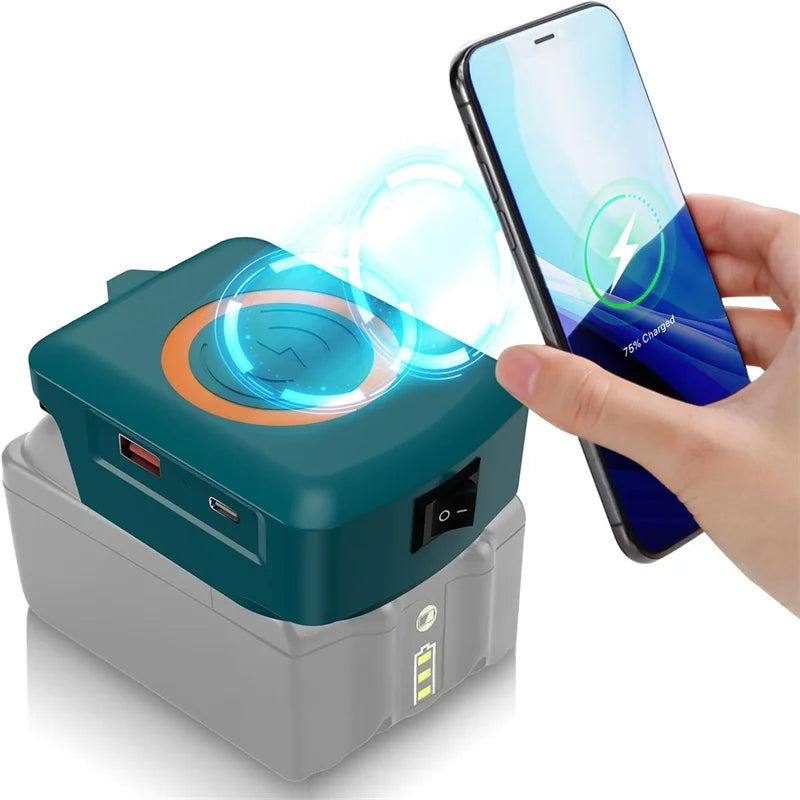 Wireless Charger Adapter for Dewalt 20V Battery,15W Max Wireless Charging Adapter with Type C &USB 2.1A Fast Charge Ports
