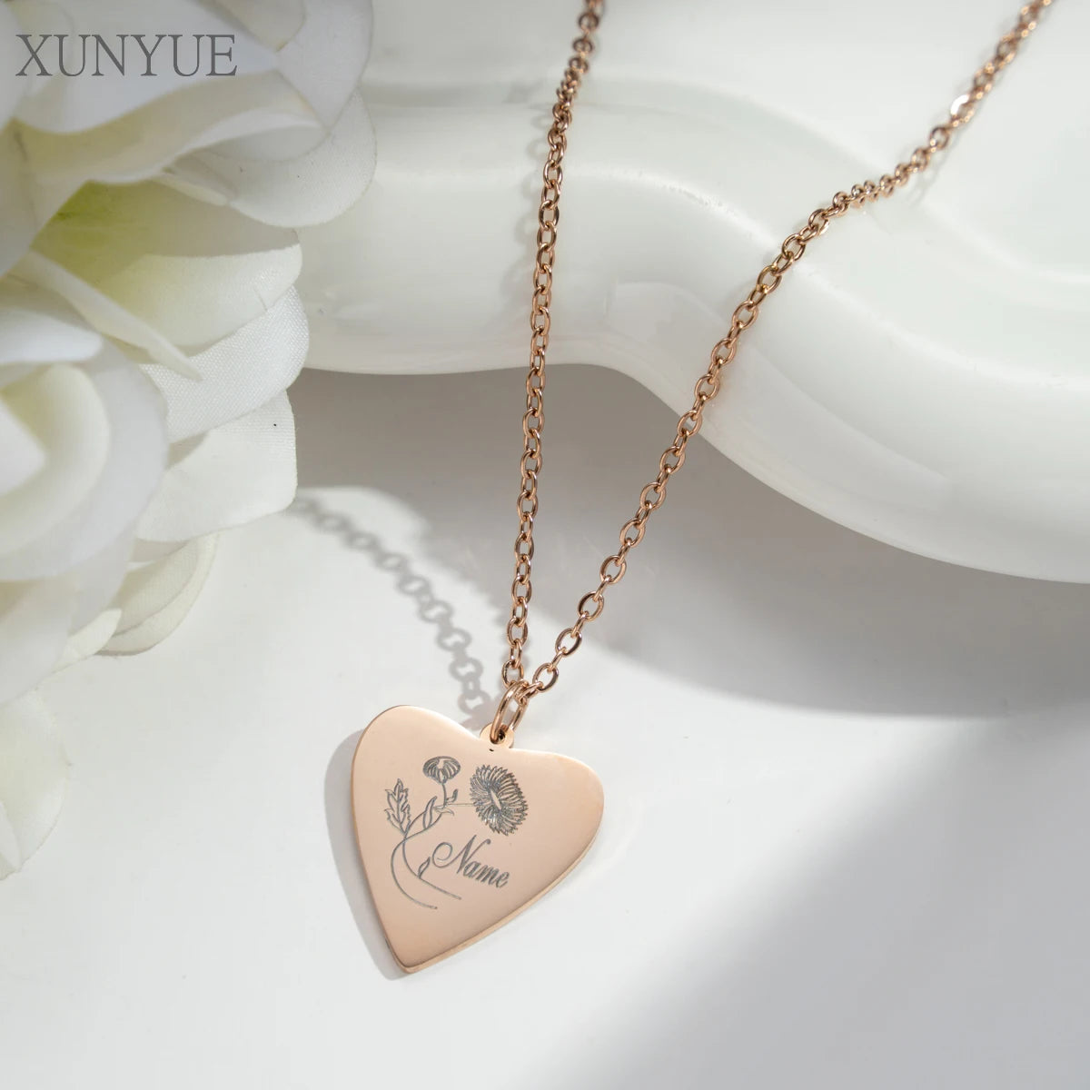 Customized  Heart Stainless Steel Necklace Creative DIY Engraving Name  Birthday Month Flower Pendant Personalized Accessories