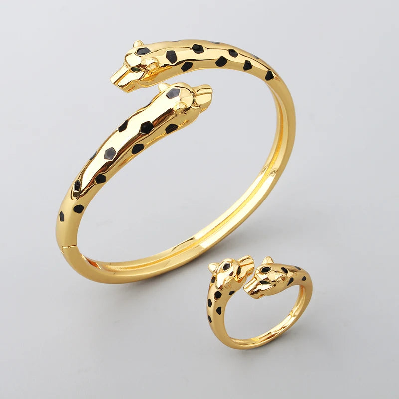 Luxury Fashion Cuff Bangle Charm Bracelet Brass Silver Color Czech Green Eyes Double Leopard Women Jewelry Gift New Arrivals