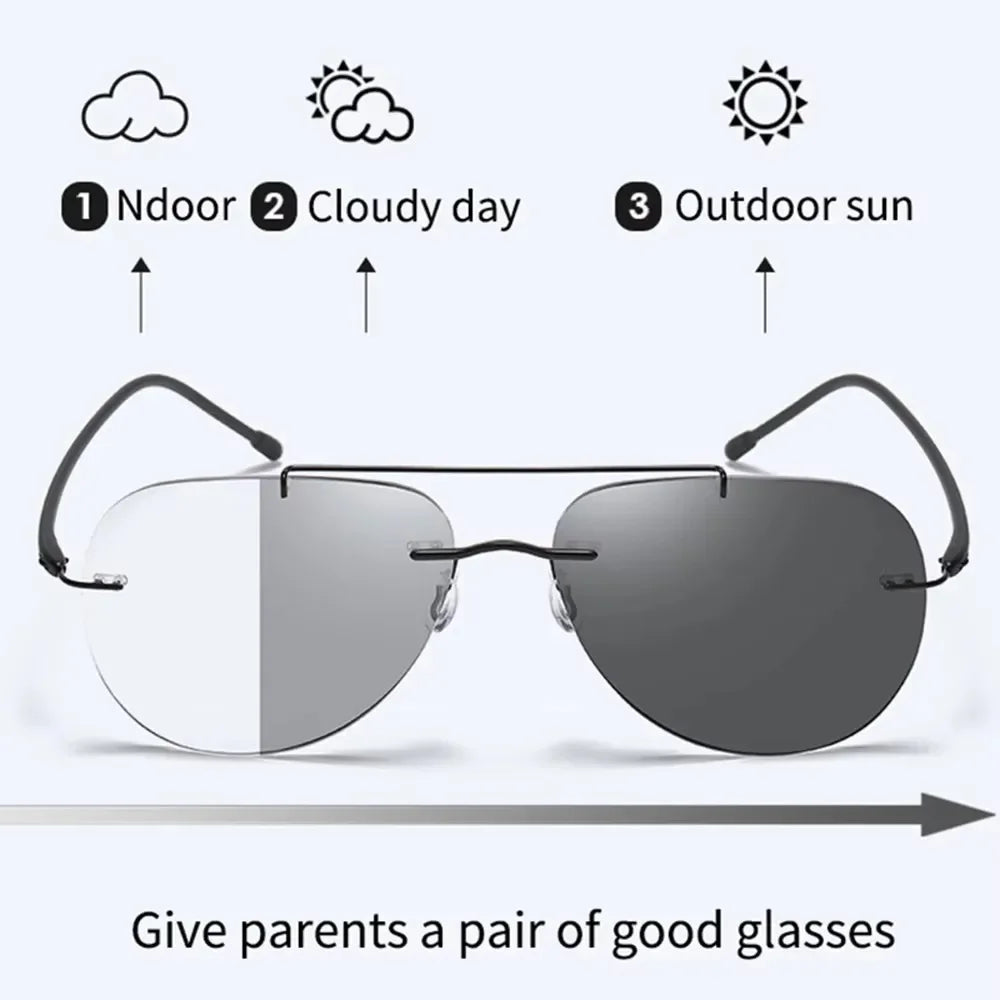HDCRAFTER Multifocal Rimless Reading Glasses Photochromic Progressive Anti Blue Light Titanium Alloy Sun Glasses +100 to +400