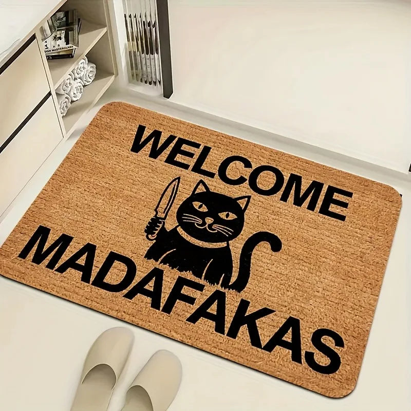 Welcome Madafakas Cat Doormat – Funny Meme-Themed Floor Mat with Angry Cat & Knife Graphic, Humorous Entryway Decor Carpet