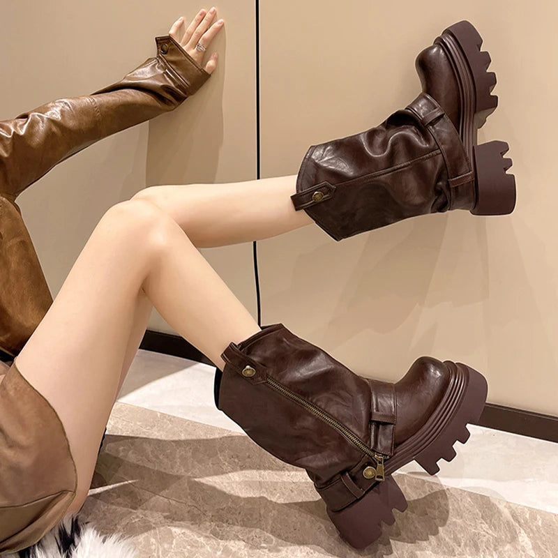 Designer Vintage Women Ankle Boots Fashion Slip On Knight Short Booties Ladies Casaul Platform Heels Botas Mujer