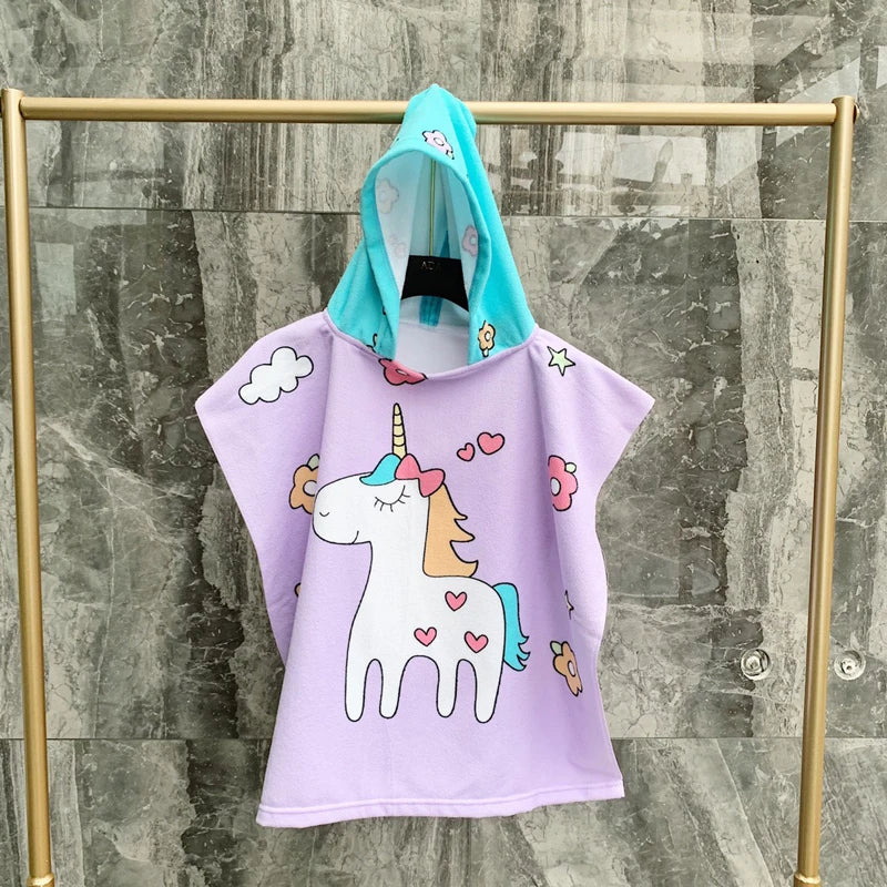 60-120cm Kids Hooded Bath Beach Poncho Towels Baby Quick Dry Bathrobe Child Cartoon Cloak Poncho Towels Microfiber Swim Cover-up
