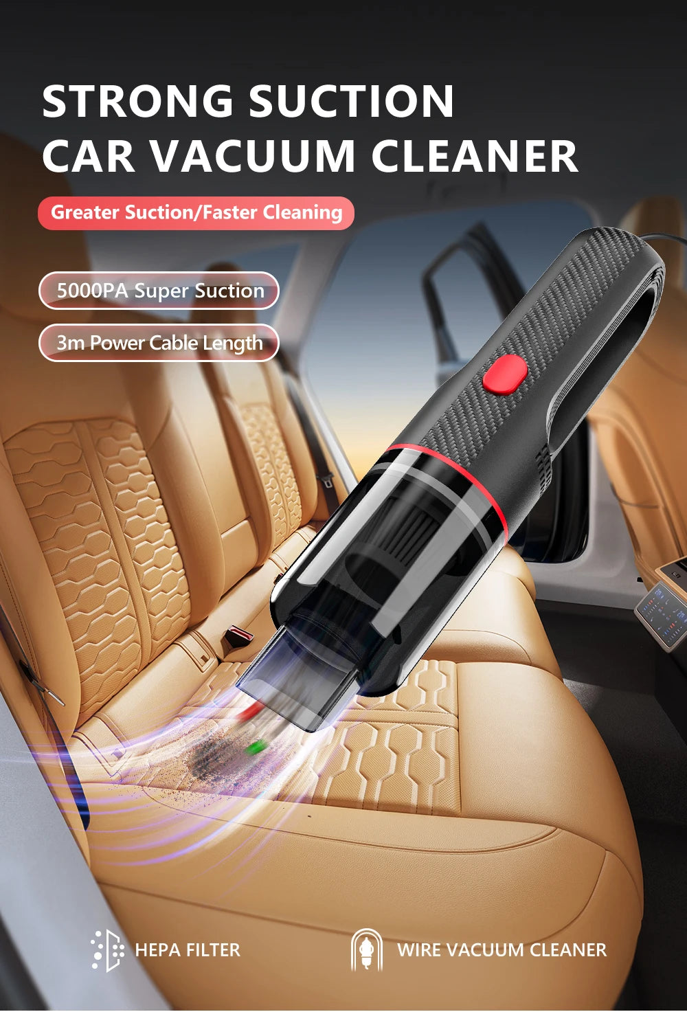 Carsun 5000Pa Wired Car Vacuum Cleaner - Portable Compact for Efficient In-Car Cleaning