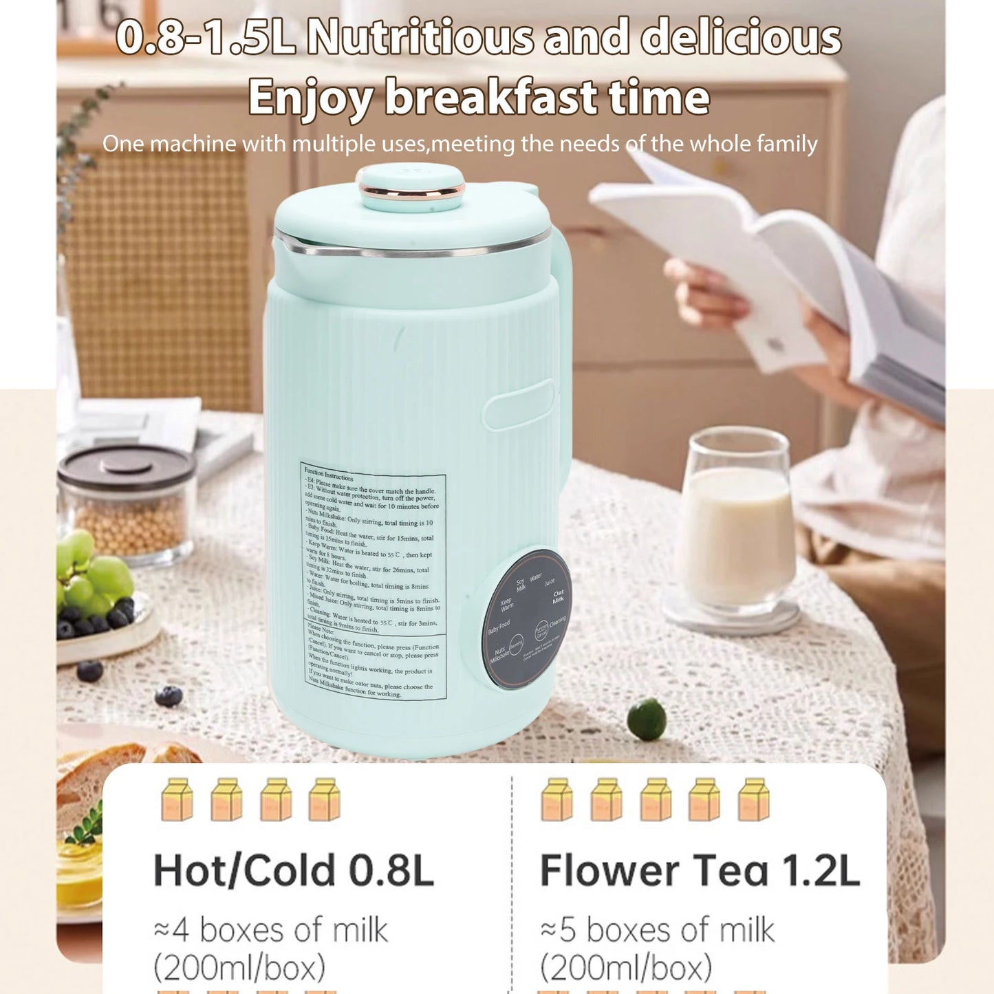 Soy Milk Maker 8-in-1 Programmable Blender with Digital Display 12 Stainless Steel Blades Auto Cleaning 8H Keep Warm Function