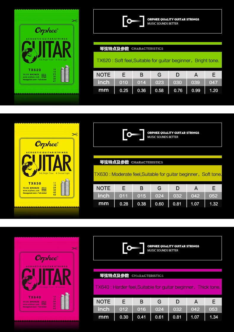 Orphee Acoustic Guitar Strings Set Medium Carbon Steel Hexagonal Core Rust Prevention Treatment Folk Guitar Parts & Accessories