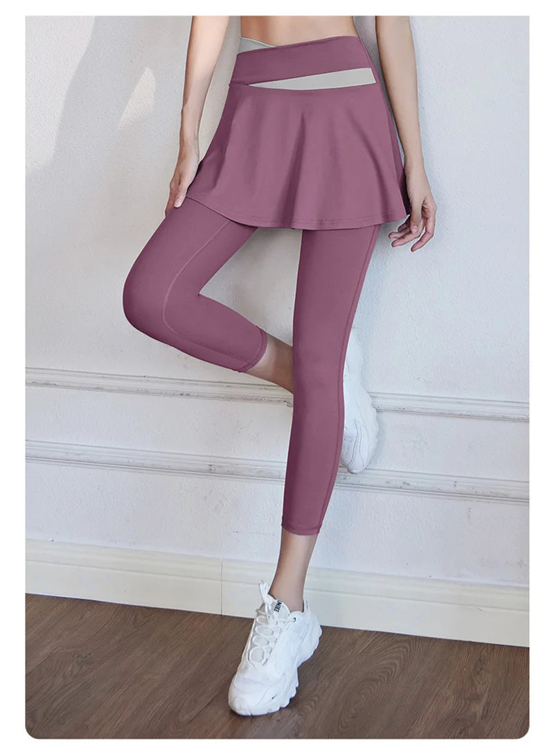 Aiithuug Tennis Skorts Cross-waist Skirted Legging Yoga Legging with Skirts Tennis Leggings Soft Stretchy Tennis Dresses Running