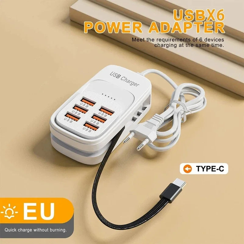 New USB Charger 6-in-1 Power Strip Desktop Charging Station With Fast Charging Cord EU US Plug USB/C HUB Adapter Socket 3PD 3USB