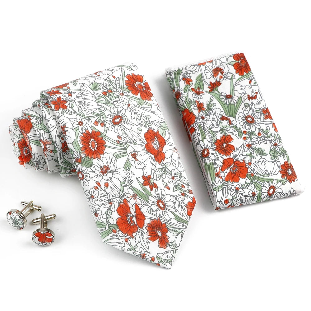 Hot Sell 3PC Chic Elegant Floral Tie Set Pocket Square Cufflinks For Men Women Wedding Party Dinner Suit Tuxedo Accessory Gift