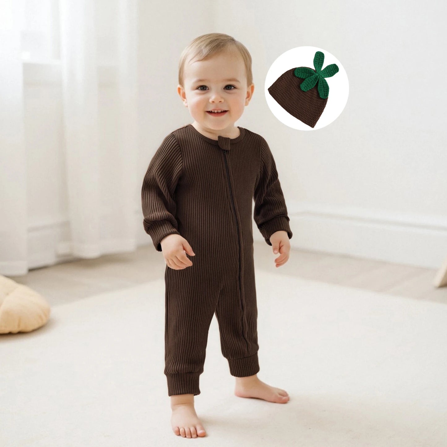 Infant Baby Boy Halloween Outfit Little Mandrake Jumpsuit Long Sleeve Ribbed Zipper Romper with Knit Hat Magic Baby Outfit