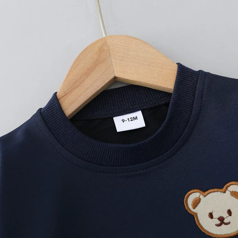 2PCS Children's Set Spring and Autumn Simple Little Bear Head Round Neck Long Sleeve Pants Outdoor Set for Young Children