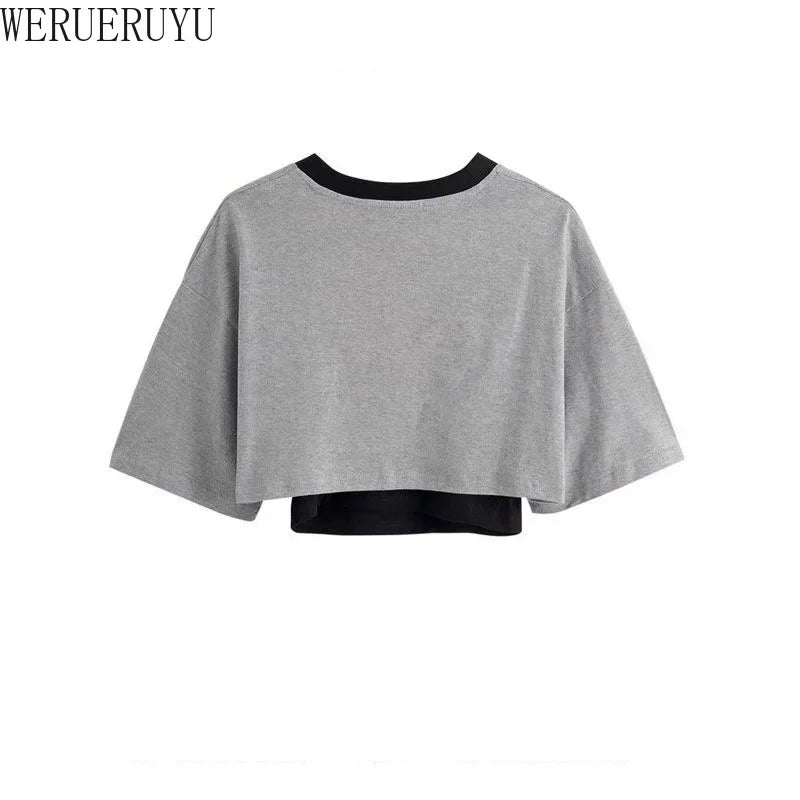 Vintage Print Graphic T-shirt Women Crop Top Short Sleeve Y2k Clothes Summer Loose Sexy Short Two-piece T-shirt Set Womens 2025