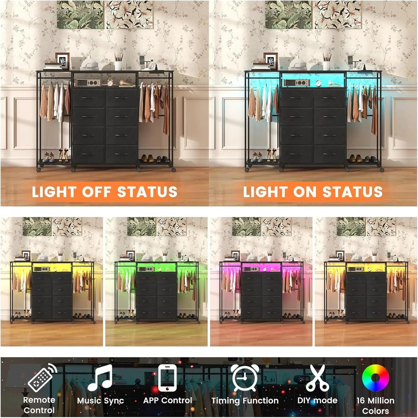 59.1" W Dresser for Bedroom with Hanging Rack, 8 Drawer Dresser with LED Lights &amp; Charging Station, Fabric Dressers