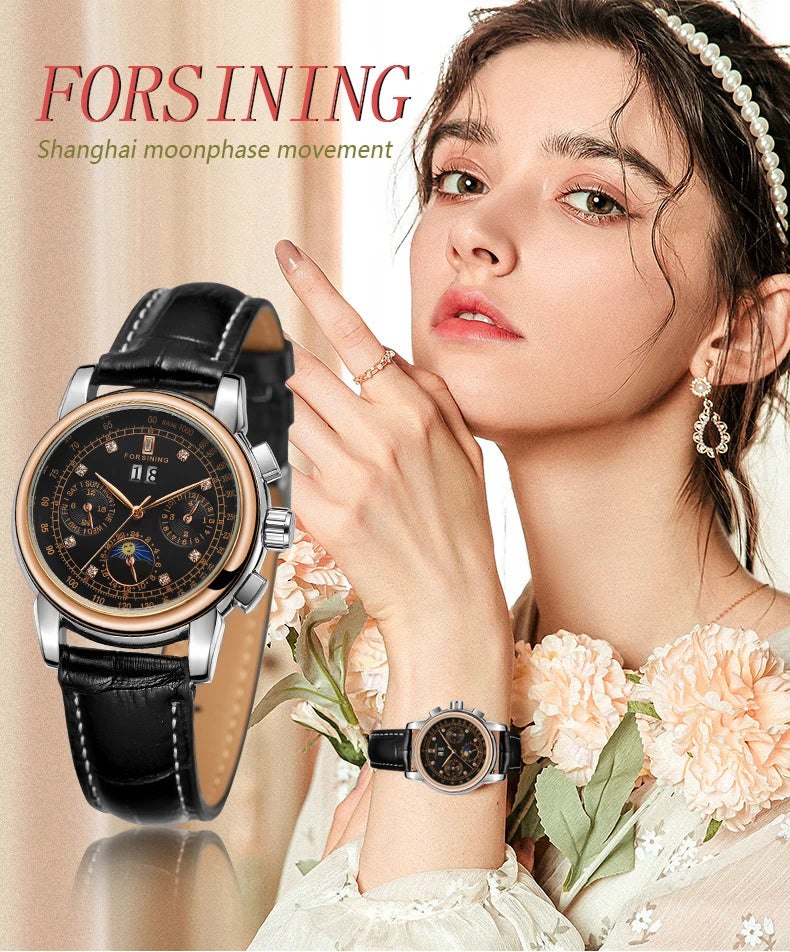 Forsining Fashion Ladies Stainless Steel Case Moon Phase Mechanical Watch Women's Multifunctional Diamond Dial Automatic Clock