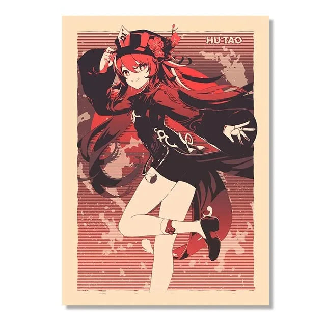 Genshin Game Retro Canvas Poster Ganyu Hu Tao Game  Wall Hanging Painting Anime Wall Art Pictures and Print for Home Room Decor