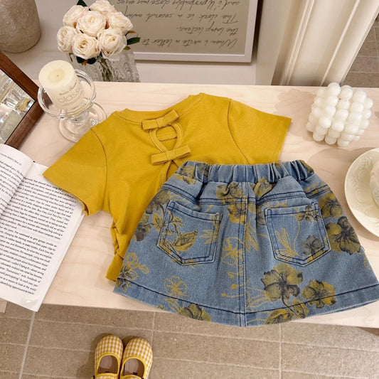Girls' Summer Clothing New Style Kindergarten Baby Western Bow T-shirt Denim Short Skirt Two Piece Set Western Trendy