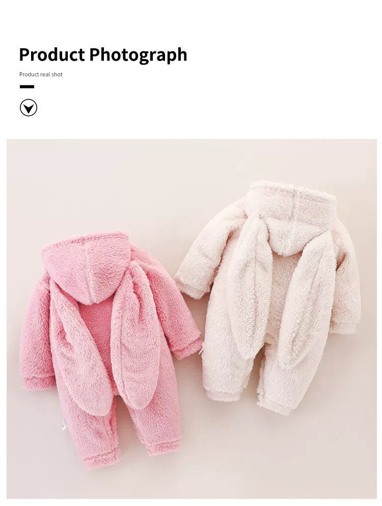 Baby Fur Fleece-Lined Jumpsuit Winter Thicken Thermal Male and Female Baby Clothes Outwear Hooded Romper Jumpsuit