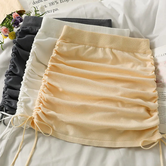 Women's High Waist Ruched Drawstring Bodycon Mini Skirt Stretchy Knit Casual Party Clubwear Summer Bodycon Short Skirt