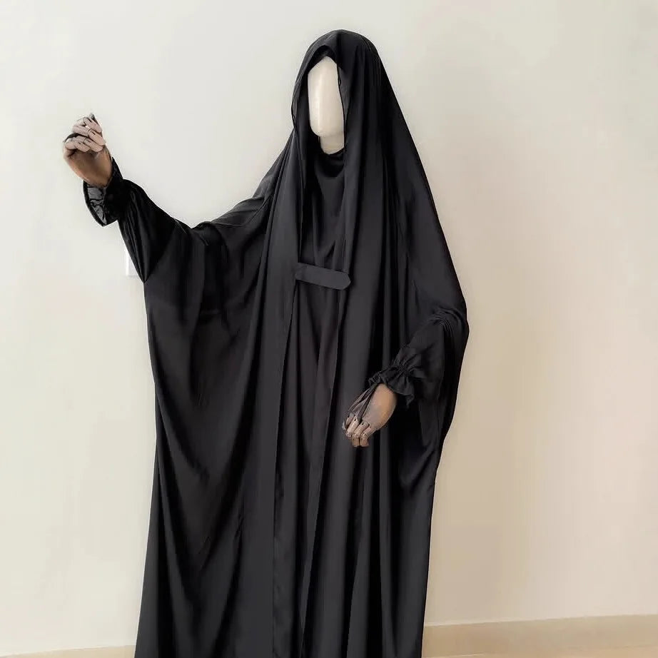 Muslim Abaya Hooded Smocking Sleeve One-piece Prayer Dress Women Jilbab Islamic Clothing Dubai Saudi Black Robe Turkish Modesty